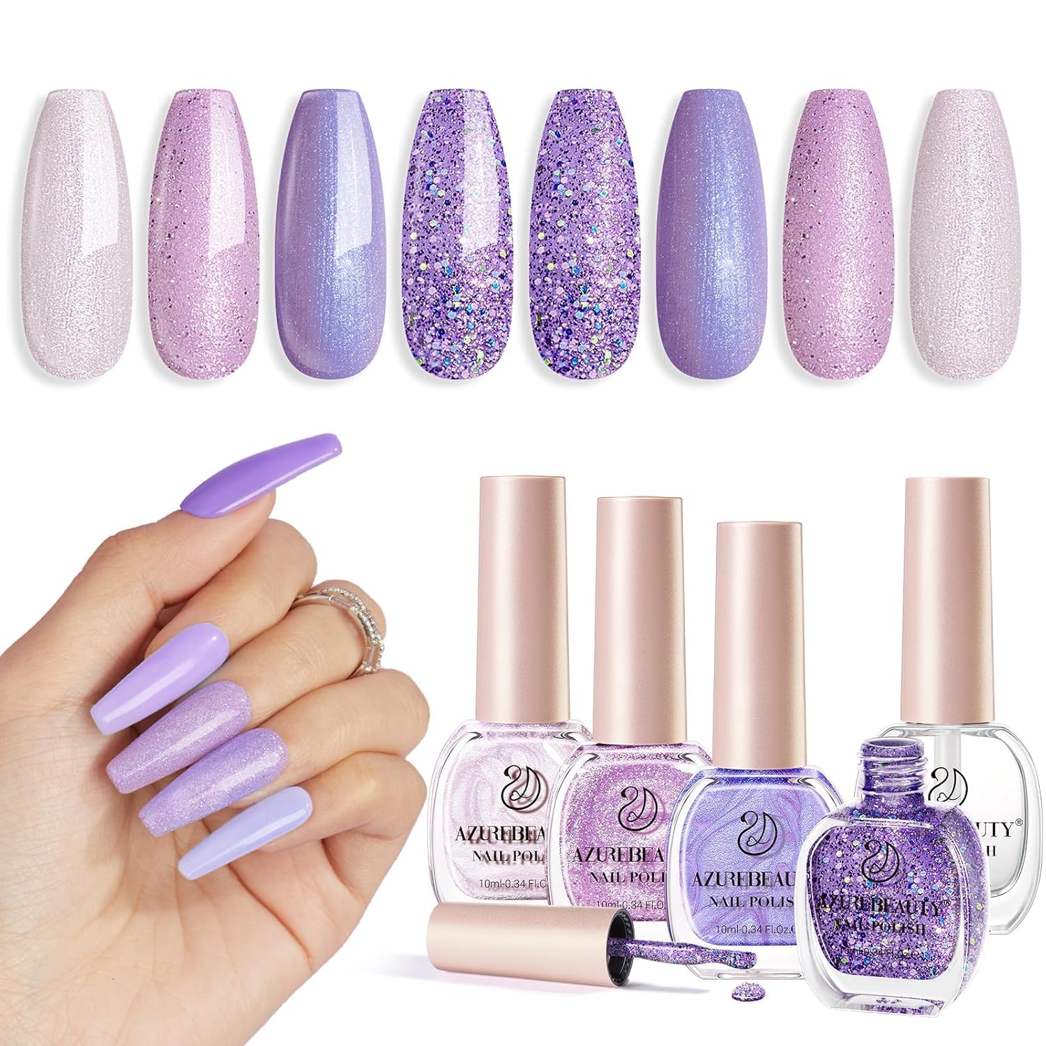 AZUREBEAUTY Nail Polish Set Fast Drying Glitter Pink Purple Spring Summer 4 Colors Lilac Nail Polish Natural Nail Lacquer Fingernail Kit with Top Coat DIY Salon Home-BrightBean Baby