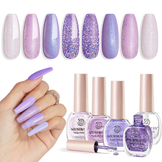AZUREBEAUTY Nail Polish Set Fast Drying Glitter Pink Purple Spring Summer 4 Colors Lilac Nail Polish Natural Nail Lacquer Fingernail Kit with Top Coat DIY Salon Home-BrightBean Baby