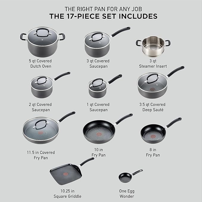 T-Fal Ultimate Hard Anodized Nonstick Cookware Set 17 Piece - Black Pots and Pans