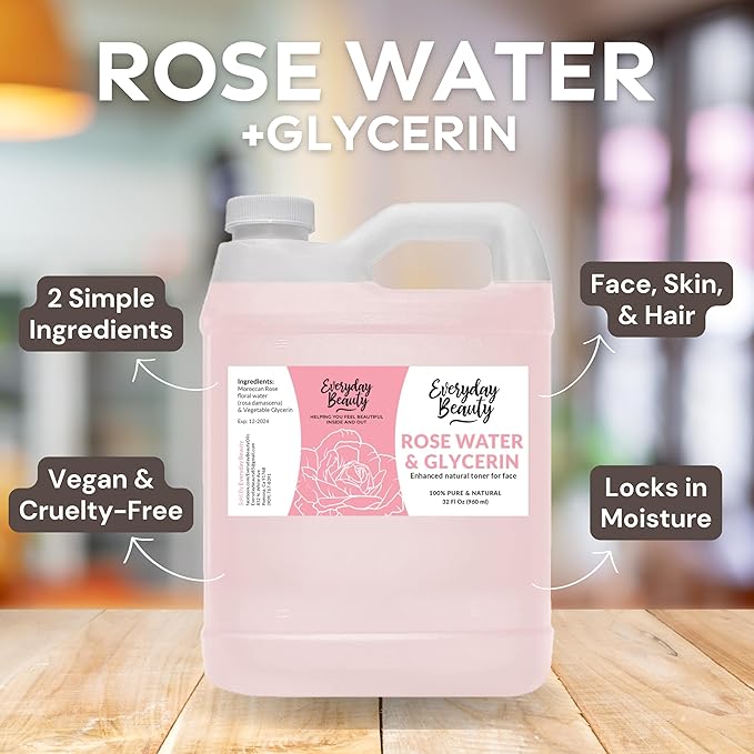 Rose Water & Glycerin Enhanced Facial Toner - 32oz Bulk Alcohol-Free Vegan All Natural Refreshing for Face and Hair - Uplifts, Calming & Soothing for All Skin Types…-BrightBean Baby