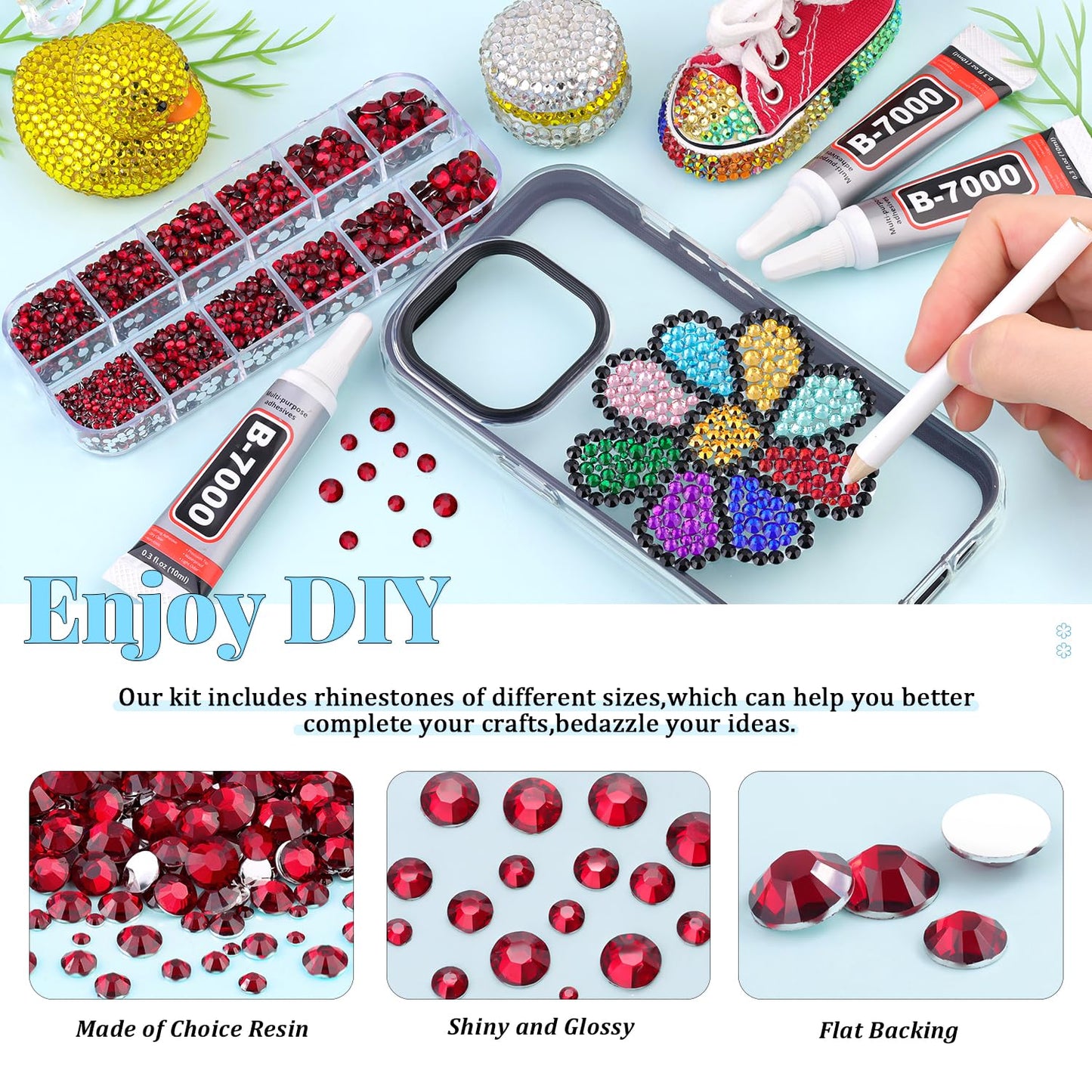 6000Pcs Resin Rhinestones for Bedazzling with 3Pcs B7000 Jewelry Glue, 1 Box Dark Red Flatback Rhinestones for Crafting Crafts DIY, Crystals Gems for Clothing Shoes Tumblers Nail Art Makeup-BrightBean Baby