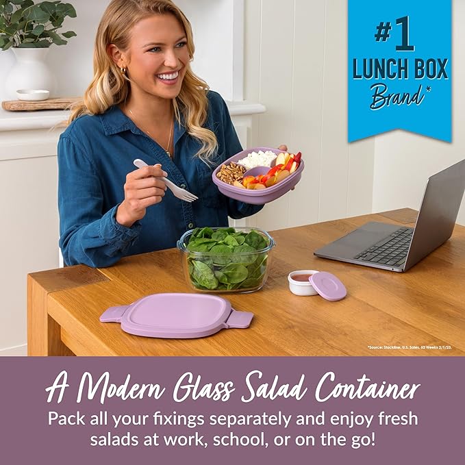 Bentgo Glass All-in-One Salad Container - Large 61-oz Salad Bowl with Lid, 4-Compartment Bento-Style Tray, 3-oz Sauce Container, and Reusable Fork - Dishwasher, Microwave, and Oven Safe (Lavender)