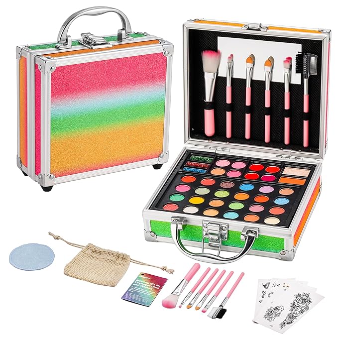 Anpro All-In-One Makeup Carry Case with Pro Teen Makeup Set, Full Starter Cosmetics Kit with Makeup Brushes, Eye Shadows Palette, Blushes, Glitter Gel, Temporary Tattoo Stickers-BrightBean Baby