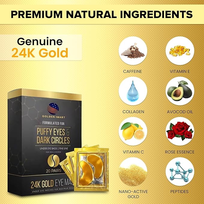 Under Eye Patches for Dark Circles - 24k Gold Eye Mask for Luxurious hydrating eye patches (20 Pairs) Gold Eye Patches for Puffy Eyes Brightening, Anti-Aging Wrinkles, for both genders-BrightBean Baby