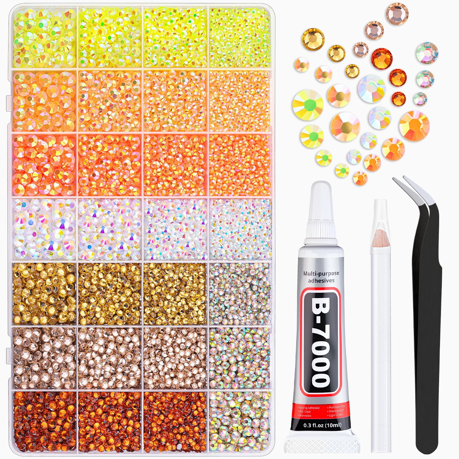 20000Pcs Yellow Rhinestones for Bedazzling with 1Pcs B7000 Jewelry Glue, Resin Rhinestones for Crafting Crafts DIY, Bedazzler Kit Gems for Clothing Shoes Tumblers Nail Art Assorted Size 3/4/5/6mm-BrightBean Baby