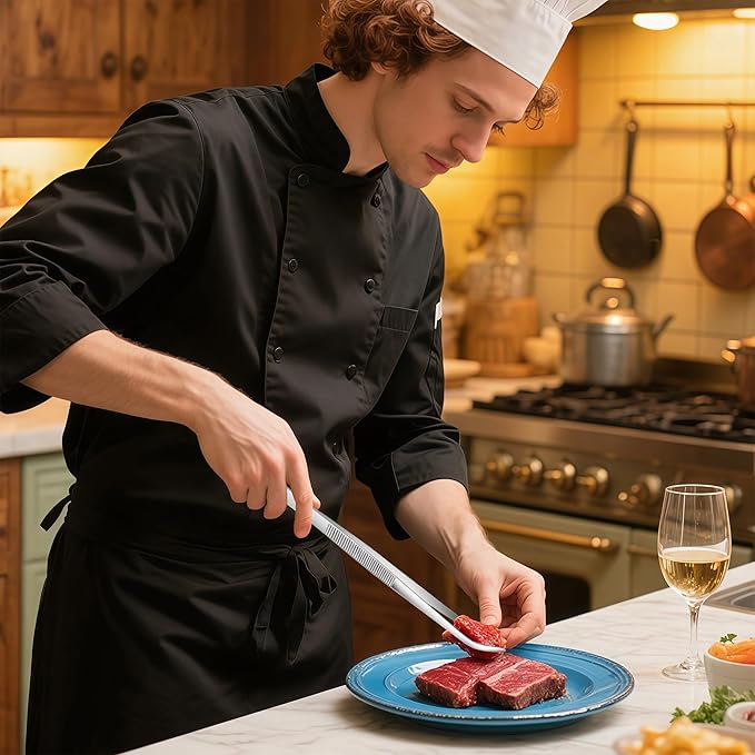 10-Inch Kitchen Tweezers Tongs Stainless Steel Kitchen Tweezers for Cooking Chef Tweezer Professional Skinny Tongs for Pasta Food Plating BBQ