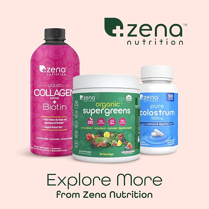 Zena Nutrition Liquid Collagen Peptides and Biotin, 2500mg Verisol Bioactive Collagen Peptides, 5000mcg Biotin, Hair, Skin, Nail Supplement for Women and Men, Mixed Berry, 60 Servings, 20.3 fl oz-BrightBean Baby