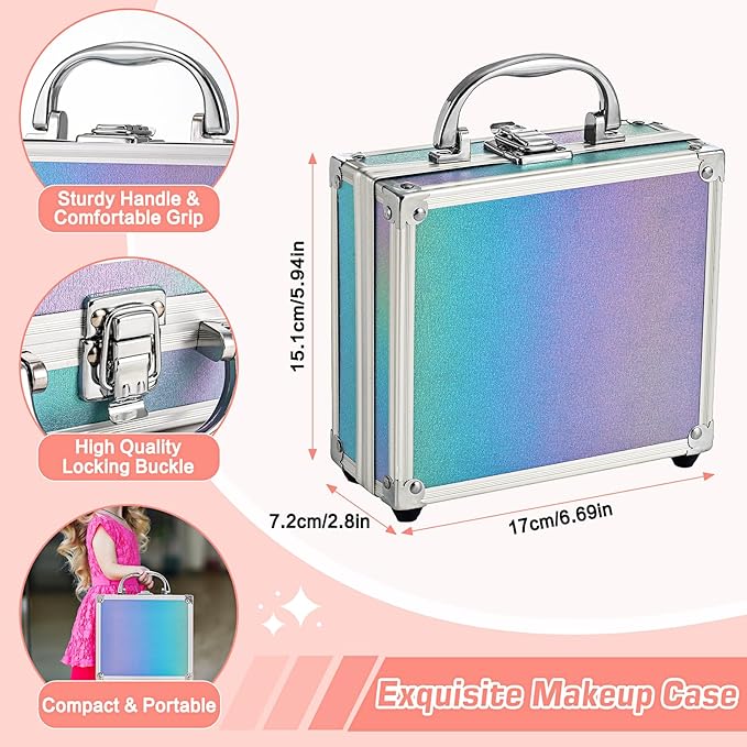 Anpro All-In-One Makeup Carry Case with Pro Teen Makeup Set, Full Starter Cosmetics Kit with Makeup Brushes, Eye Shadows Palette, Blushes, Glitter Gel, Temporary Tattoo Stickers - Blue-BrightBean Baby