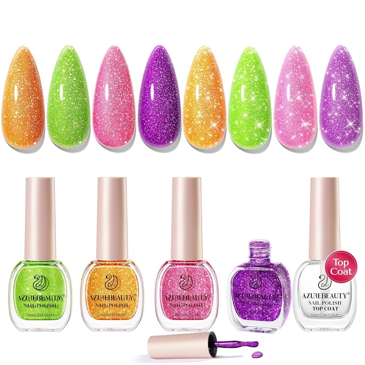 AZUREBEAUTY Nail Polish Set, 4 Colors Shimmer Glitter Neon Pink Orange Green Purple Spring Summer Long Lasting Quick Dry Natural Fingernail Lacquer Strengthening Kit with Top Coat DIY Salon-BrightBean Baby