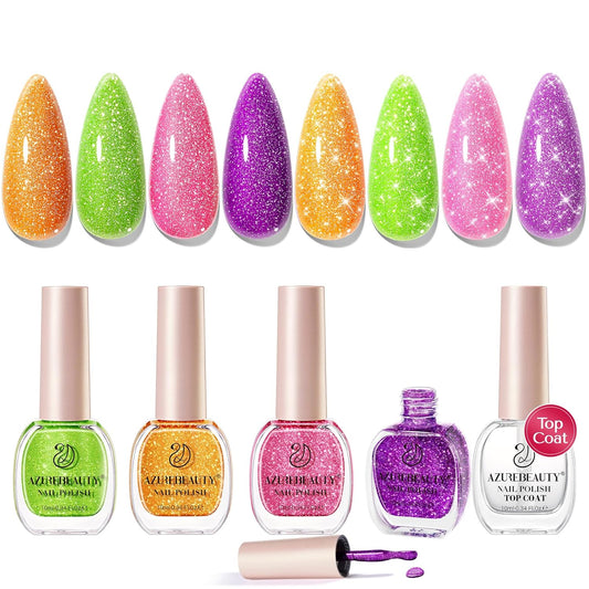 AZUREBEAUTY Nail Polish Set, 4 Colors Shimmer Glitter Neon Pink Orange Green Purple Spring Summer Long Lasting Quick Dry Natural Fingernail Lacquer Strengthening Kit with Top Coat DIY Salon-BrightBean Baby
