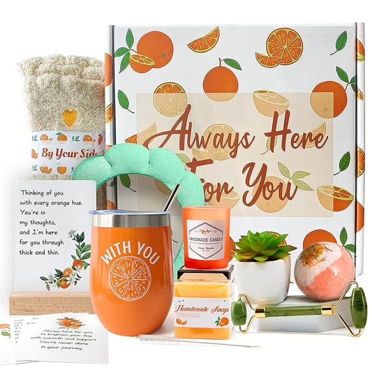 Orange-Themed Spa Gift Basket for Women - Self-Care Package, Birthday Box with Handmade Soap, Candle, Bath Bomb, Headband, and Towel-BrightBean Baby