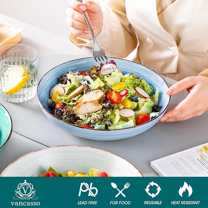 vancasso Bonita Pasta Bowls Set of 6, 50oz Large Salad Bowls for Kitchen, Stoneware Serving Bowls Dishwasher & Microwave Safe, Blue Bowl Set