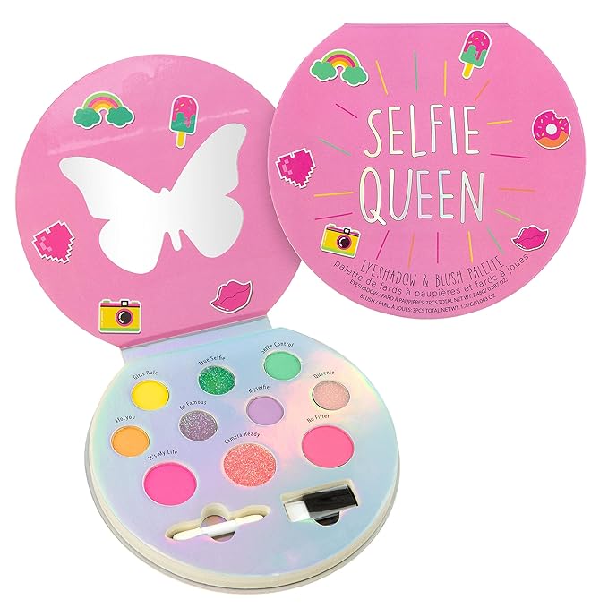 Expressions Selfie Queen Glisten & Glitter Makeup Palette 10 Color Eyeshadow Palette & Blush Makeup Novelty Beauty Set, Fold Out Compact with Mirror, Cute Makeup Kit Gifts - Washable, Non-Toxic-BrightBean Baby