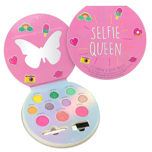 Expressions Selfie Queen Glisten & Glitter Makeup Palette 10 Color Eyeshadow Palette & Blush Makeup Novelty Beauty Set, Fold Out Compact with Mirror, Cute Makeup Kit Gifts - Washable, Non-Toxic-BrightBean Baby