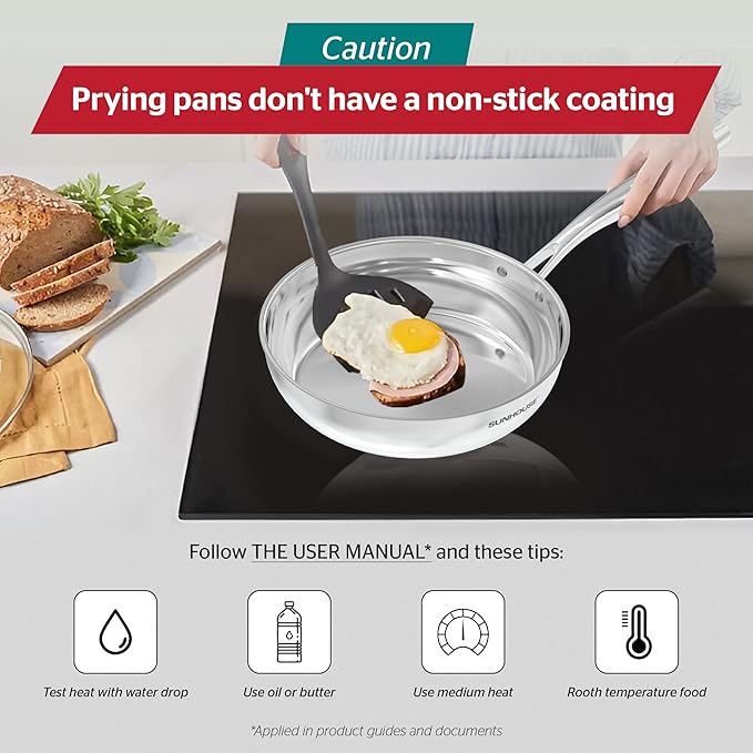 SUNHOUSE Tri-Ply Stainless Steel Frying Pan - 9.5 Inch (24cm)
