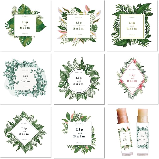 CRASPIRE 80Pcs 8 Styles Labels for Lip Balm Coated Paper Paster Tropical Plants Square Tubes Lip Balm Labels Stickers Natural Homemade Self-Adhesive Stickers Logo for Containers Cosmetics Lipsticks-BrightBean Baby