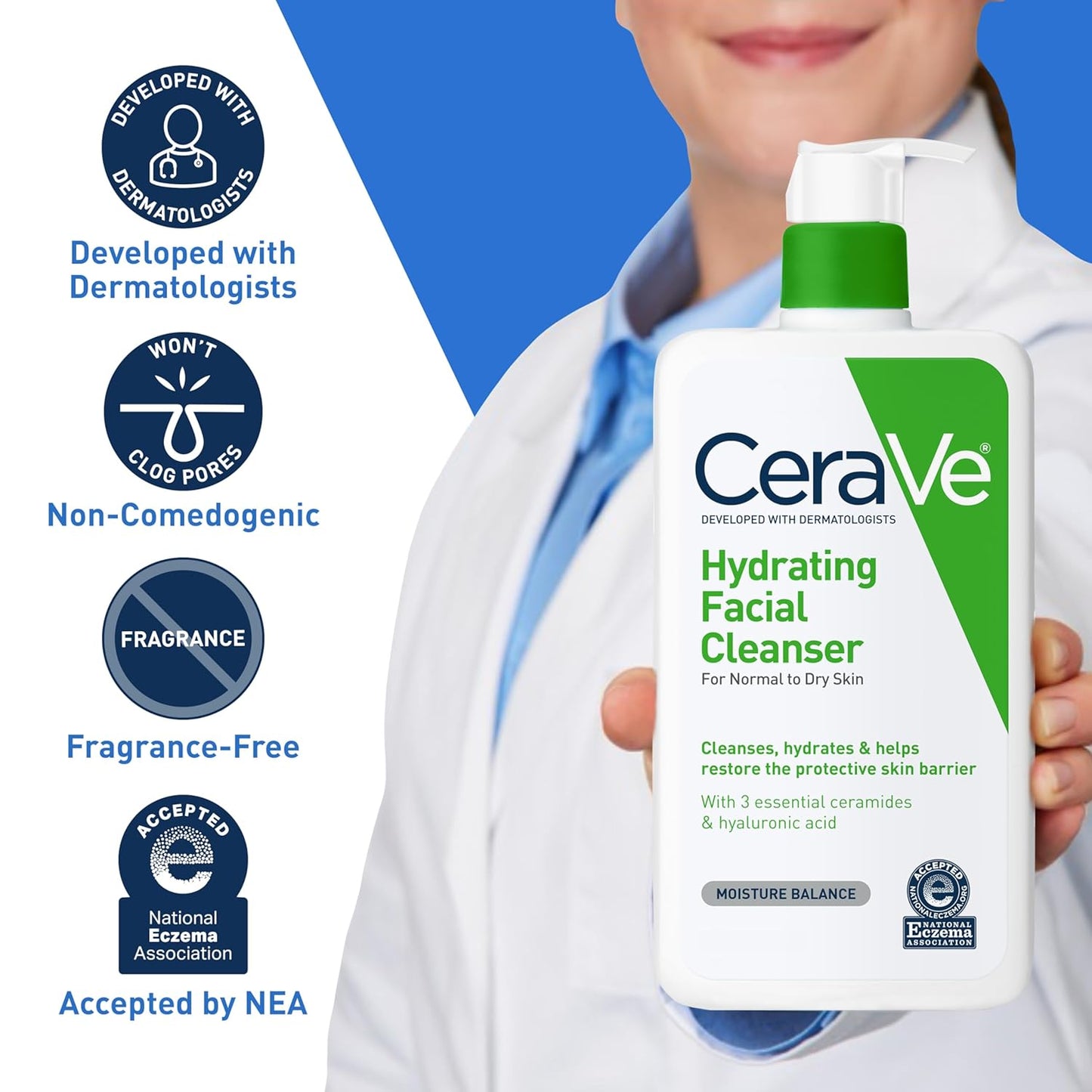 CeraVe Hydrating Facial Cleanser, Moisturizing Face Wash For Dry Skin, Hyaluronic Acid + Ceramides + Glycerin, Hydrating Cleanser For Normal To Dry Skin, National Eczema Association Certified-BrightBean Baby