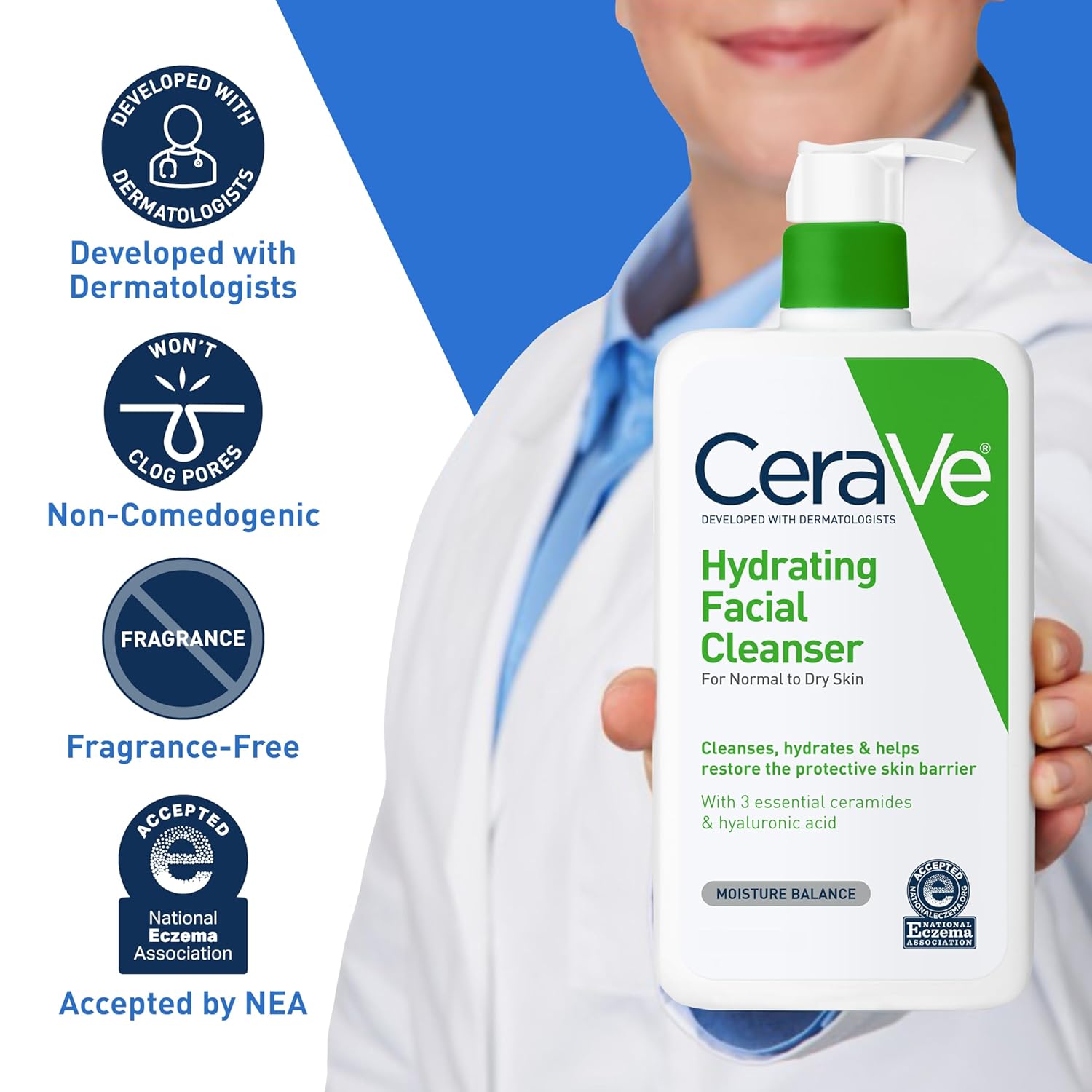 CeraVe Hydrating Facial Cleanser, Moisturizing Face Wash For Dry Skin, Hyaluronic Acid + Ceramides + Glycerin, Hydrating Cleanser For Normal To Dry Skin, National Eczema Association Certified-BrightBean Baby