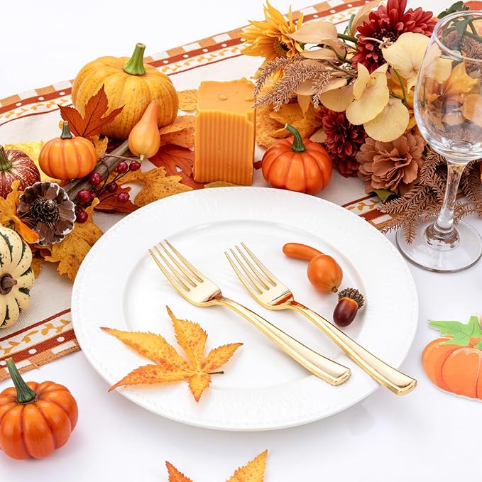 Liacere 200pcs Gold Plastic Forks - Heavyweight - 7.4 Inch Heavy Duty Forks - Gold Plastic Silverware Perfect For Parties & Weddings & Restaurants & New Year And Daily Using&Fall Decor