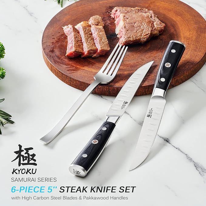 KYOKU Steak Knife Set of 6, Samurai Series 5" Steak Knives, Non Serrated High Carbon Steel Knives Set with Case Pakkawood Handles Mosaic Pins Sheaths, Ultra Sharp Dinner and Kitchen Knife Cutlery Set