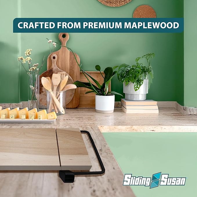 SlidingSusan Cheese Cutting Board - 11” Maple Wood with Black Stainless Steel Slicer - Charcuterie Block for Hard & Soft Cheeses, Butter, Meat – Heavy Duty Handheld Kitchen Tool