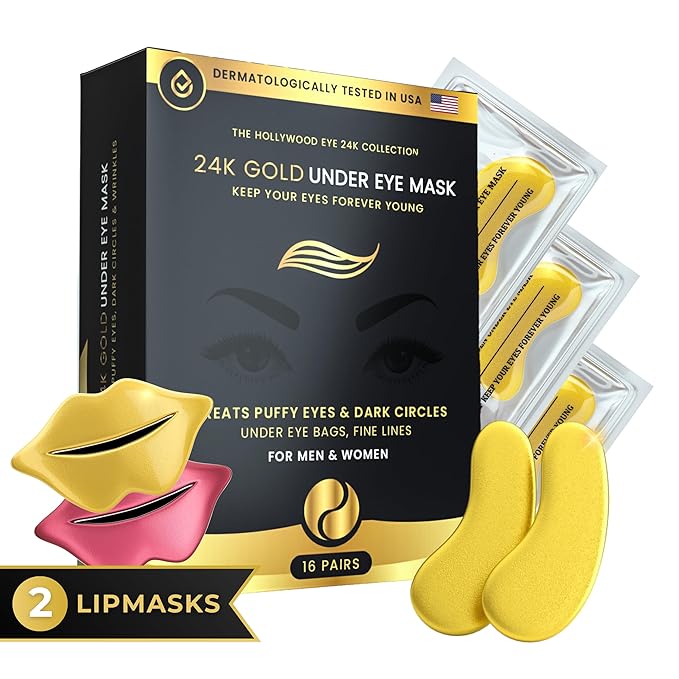 16 Pairs Gold Under Eye Patches with 2 pieces of Lip Mask | Under Eye Mask Dark Circles and Puffiness | Wrinkles Patches with Hydrogel | Collagen Eye Pad-BrightBean Baby