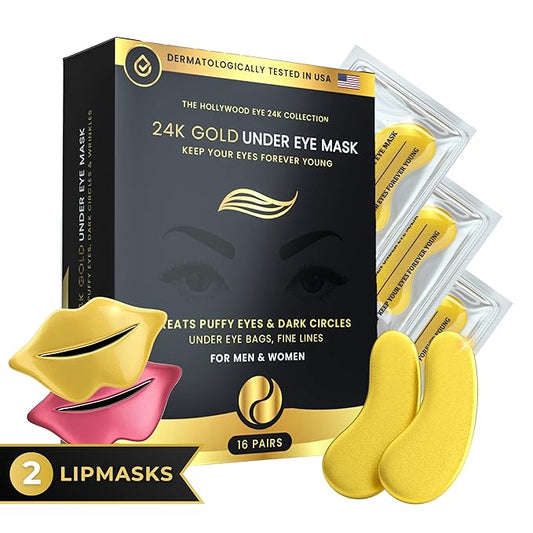 16 Pairs Gold Under Eye Patches with 2 pieces of Lip Mask | Under Eye Mask Dark Circles and Puffiness | Wrinkles Patches with Hydrogel | Collagen Eye Pad-BrightBean Baby