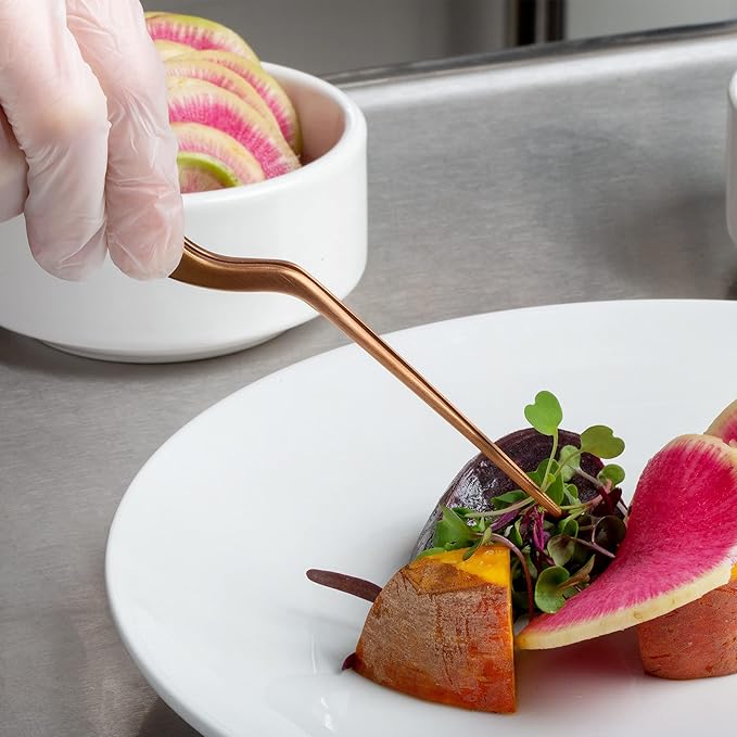 CREATIVECHEF 8 Inch Curved Stainless Steel Precision Kitchen Cooking Multi-function Tweezers Culinary Offset Tweezer Tongs (8" Curved, Bronze)