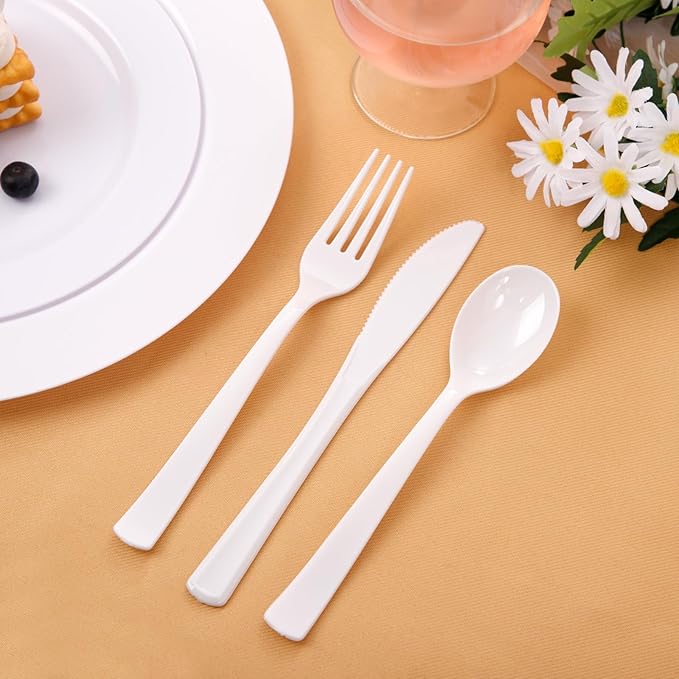 EI 360pcs White Plastic Silverware,Plastic Silverware Heavy Duty,Disposable Plastic Cutlery,Plastic Utensil Sets,Fancy Plastic Silverware include 120pcs Forks,120pcs Spoons and 120pcs Knives for Party