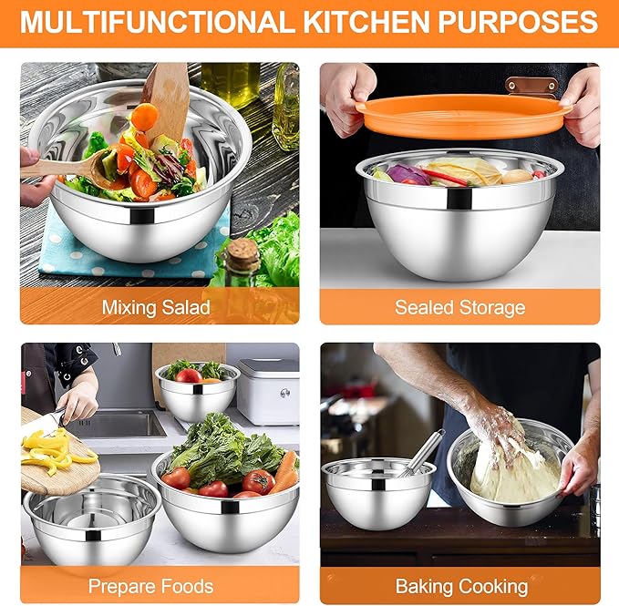 LIANYU Stainless Steel Mixing Bowl Set of 6, Metal Nesting Salad Bowl, Extra Large 7 & 3.5 & 2.5 & 2 & 1.5 & 1QT, Kitchen Bowls for Cooking, Storage, Serving, Dishwasher & Freezer Safe, Multi-Color