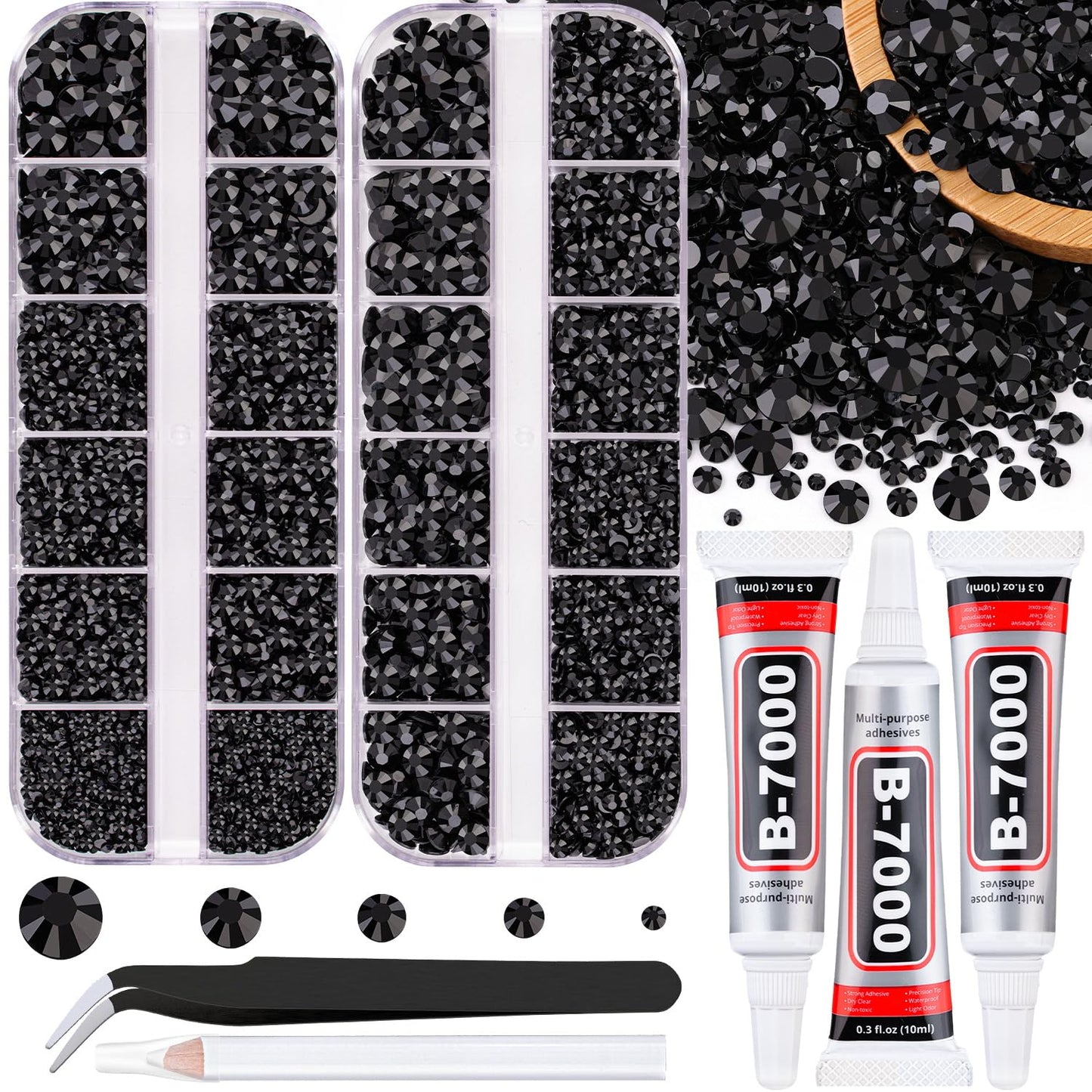 Resin Jelly Rhinestones for Crafting with B7000 Jewelry Glue, 2 Boxes Black Flatback Crystals with 3Pcs 10ml Glue, Bedazzling Non Hotfix Gems for DIY Tumblers Clothing Shoes Manicure-BrightBean Baby