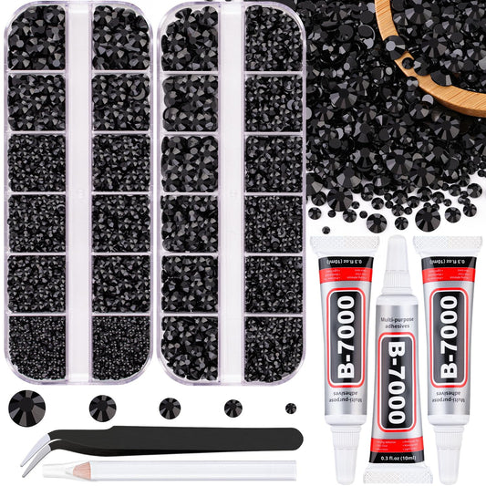 Resin Jelly Rhinestones for Crafting with B7000 Jewelry Glue, 2 Boxes Black Flatback Crystals with 3Pcs 10ml Glue, Bedazzling Non Hotfix Gems for DIY Tumblers Clothing Shoes Manicure-BrightBean Baby