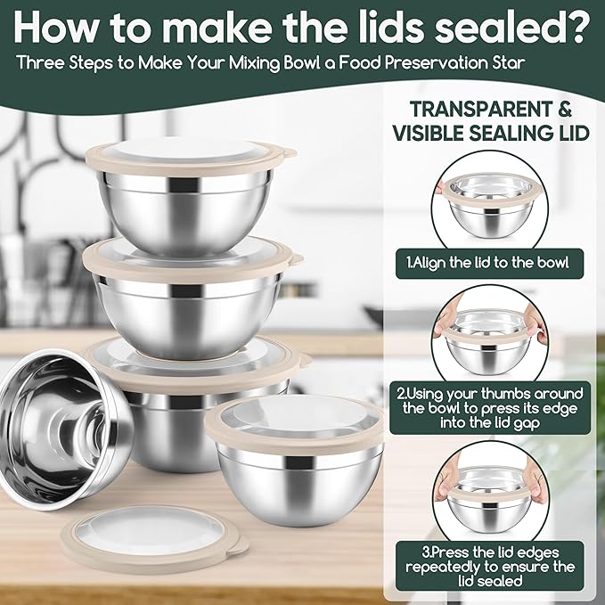 Herogo 5-Piece Mixing Bowls with Airtight Clear Lids, 3 Grater Attachments, Stainless Steel Salad Bowls for Kitchen, Size 4.6, 3.5, 2.5, 2, 1.5QT Ideal for Baking, Prepping and Serving, Khaki