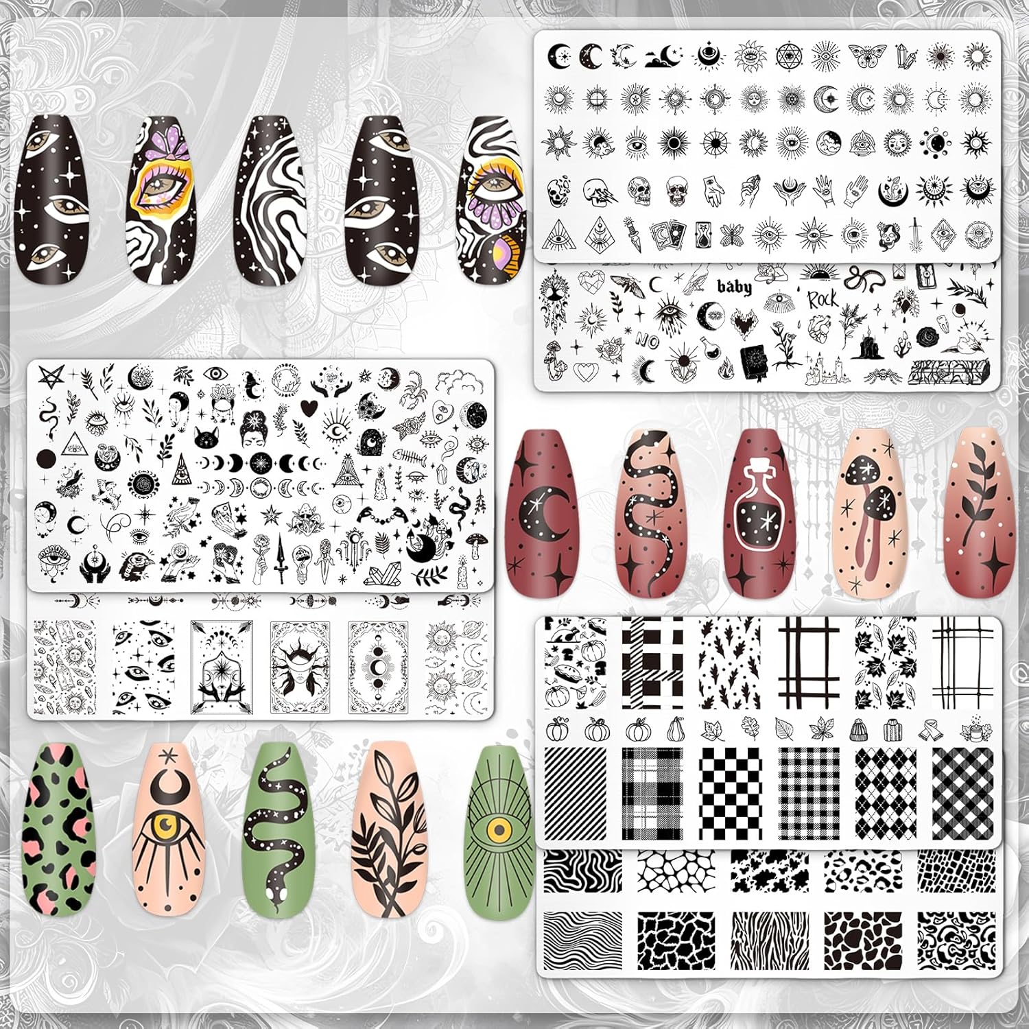 Whaline 6Pcs Gothic Halloween Nail Plates Stamping Set Skull Evil Eye Moon Stamp Templates Halloween Nail Art Plates for DIY Print Manicure Salon Design-BrightBean Baby