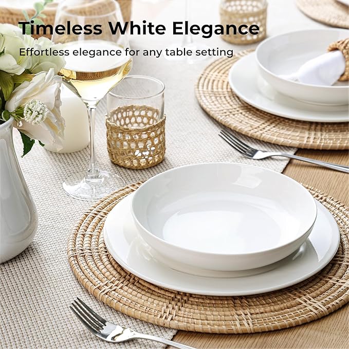 YHY Pasta Bowls Set of 4, 22 oz Ceramic Salad Plates, 7.8 Inch Wide Shallow Porcelain Dishes for Dinner, Microwave & Dishwasher Safe, White