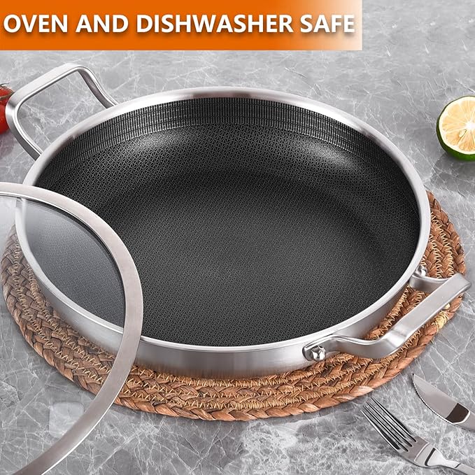 DELARLO 12" Tri-Ply Stainless Steel Nonstick Skillet with Lid