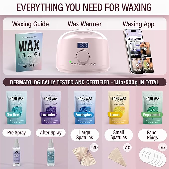 Tress Wellness Waxing Kit for Sensitive Skin – Safe for Face & Skin, Prep & Aftercare Spray, Easy to Use – At-Home Kit for Face, Bikini, Brazilian & Full Body - Digital Display, Pink-BrightBean Baby