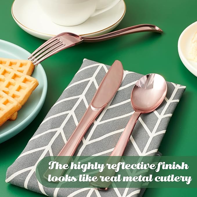 FOCUSLINE 300 Pack Disposable Rose Gold Plastic Forks, Solid and Durable Plastic Cutlery Forks, Heavy Duty Disposable Utensil Silverware for Catering, Parties, Dinners, Weddings