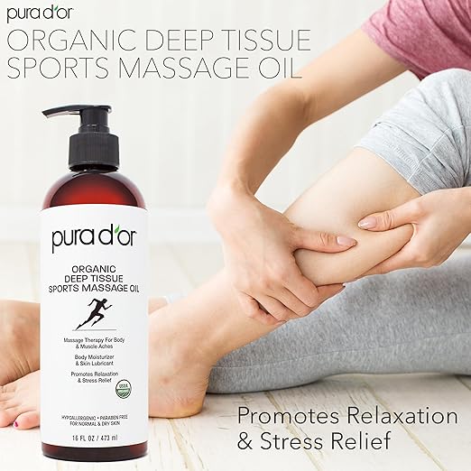 PURA D'OR 16 Oz Organic Deep Tissue Sports Massage - Jojoba, Sunflower, Almond, Grapefruit & Eucalyptus Oils - Alleviate Muscle Soreness-BrightBean Baby