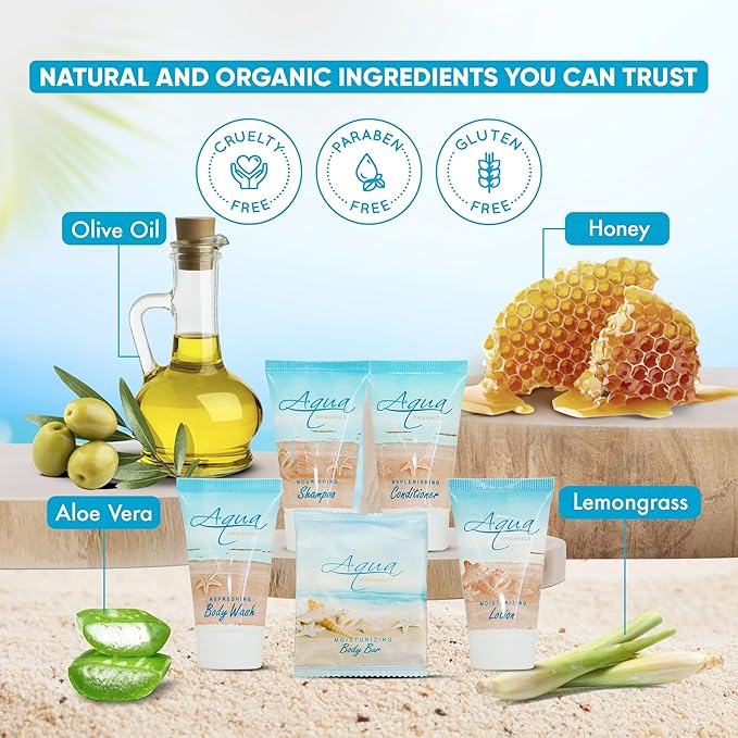 Aqua Organics Hotel Soaps and Toiletries Bulk Set | 1oz Hotel Shampoo & Conditioner, Body Wash, Body Lotion & 1oz Bar Soap Travel Size | 300 Pieces-BrightBean Baby
