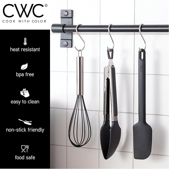 COOK WITH COLOR Stainless Steel Silicone Tipped Kitchen & BBQ Tongs Set, 3 Pc Utensils, Black