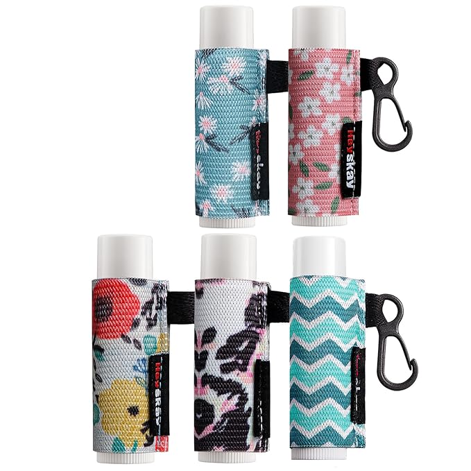 5pcs Lip Balm Holder Keychain Lipstick Sleeves Chapstick Lip Gloss Holder Keychain Elastic Sleeves for Men Women(Wave/Flower/Leo)-BrightBean Baby
