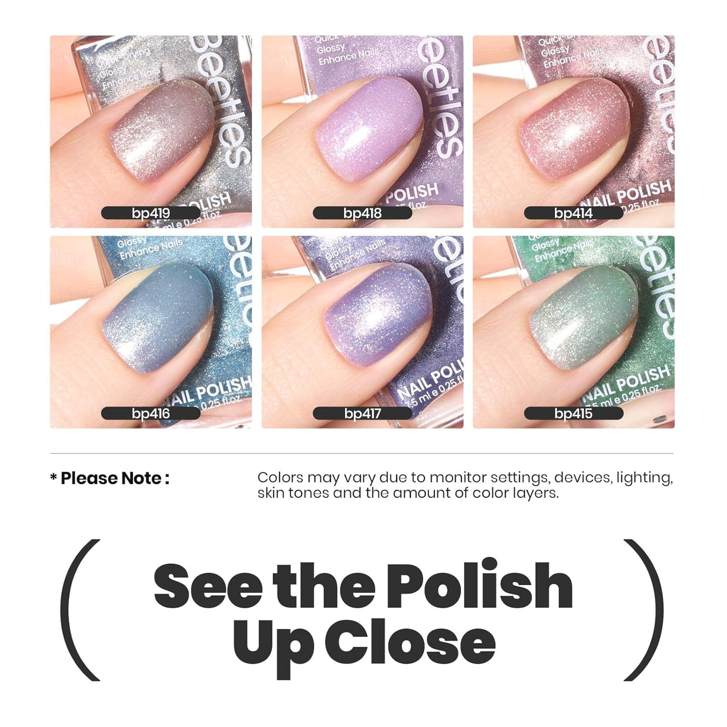 Beetles Glitter Nail Polish Set 6 Colors Glitter Fairy Gleam Quick Dry Nail Polish Shimmer Pink White Green Blue Purple Nail Lacquer Kit Fingernail Polish Diy Nail Art Gift For Women Girls-BrightBean Baby