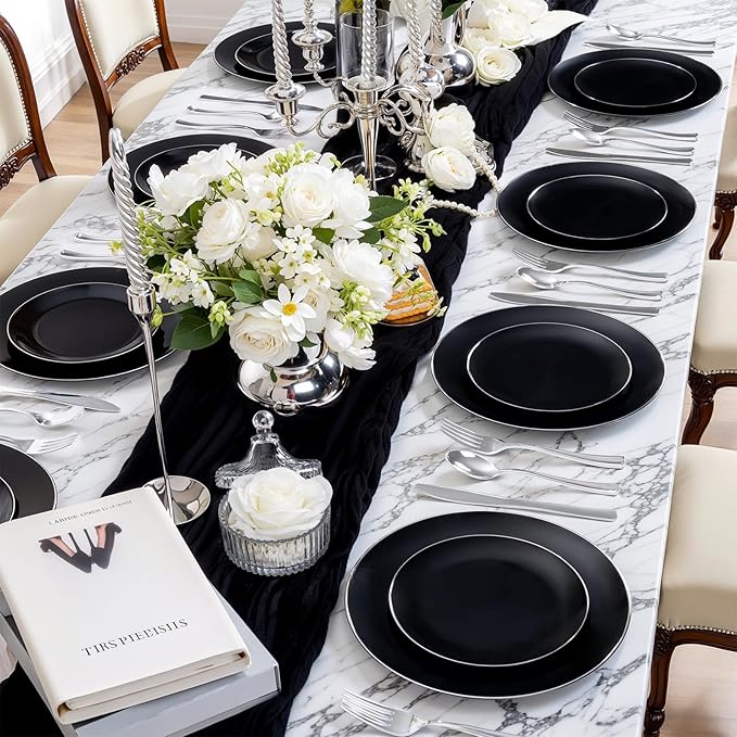 bUCLA 100PCS Black Plastic Plates - Heavy Duty Black Disposable with Silver Rim Include 50 Each (10 inch Dinner & 7 inch Dessert) Plates, Ideal for Party & New Year
