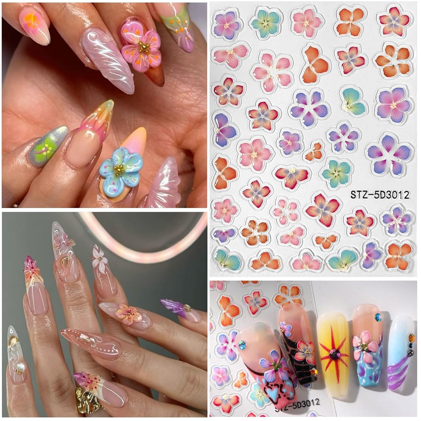 Flower Nail Art Stickers 5D Embossed Nail Decals Spring Summer Colorful Flower Nails Design Self-Adhesive 3D Accessories for Women Nails DIY Decoration(6 Sheets)-BrightBean Baby