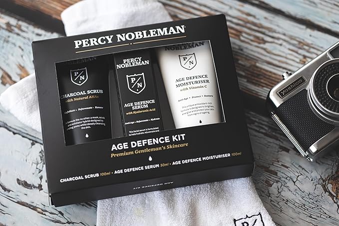 Percy Nobleman Age Defence Kit, a men's skincare set containing Charcoal Face Scrub (with Natural AHAs), ultra-hydrating Facial Serum (with Hyaluronic Acid), and Moisturiser (with Vitamin C)-BrightBean Baby