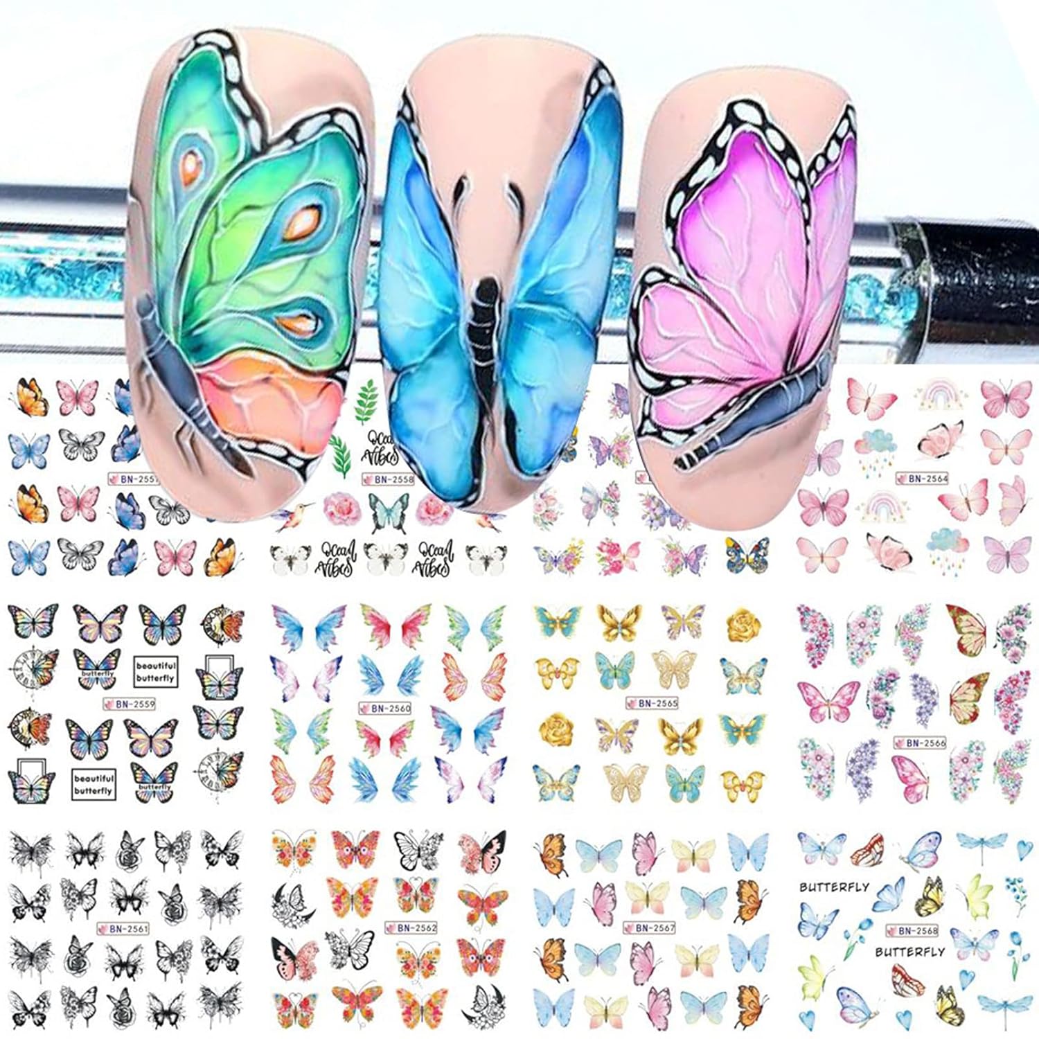 Butterfly Nail Art Sticker Colorful Butterfly Water Transfer Nail Stickers Decal Summer Nail Art Supplies for Acrylic Nail DIY Decoration Manicure Tip 12 Sheets-BrightBean Baby