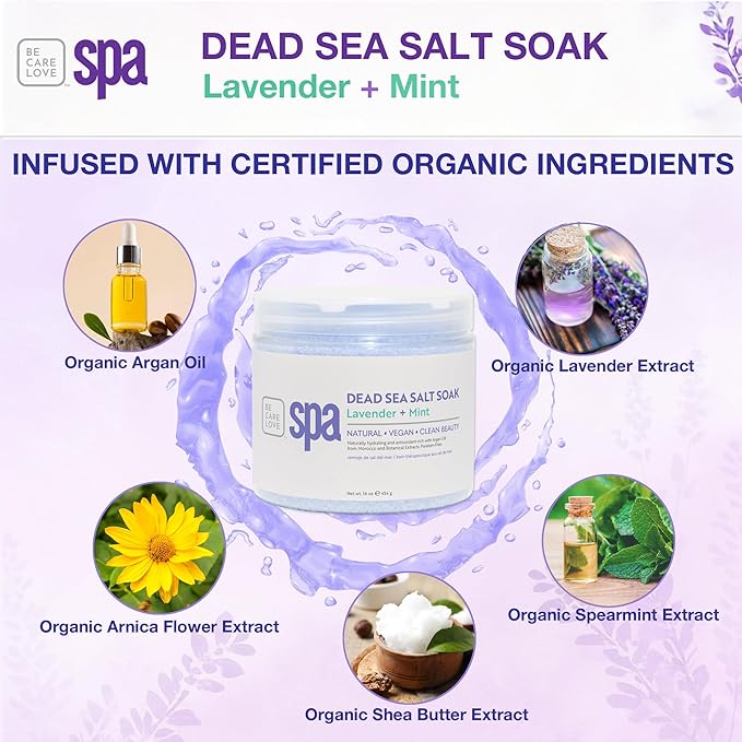 BCL SPA Dead Sea Salt Soak - Bath Salt with Organic Lavender + Mint, Shae Butter, Arnica, Aloe Vera Juice, Chamomile, Argan Oil & Jojoba Oil Skin Exfoliator- Home/Professional Use 16 fl oz-BrightBean Baby