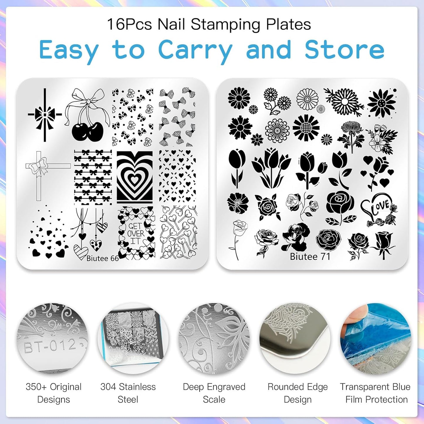 Biutee Nail Stamping Plate 20Pcs Nail Stamper Kit 16Pcs Nail Art Stamping Plates with Silicone Stamper, Scraper & Storage Bag, Stamp Plates Star Plaid Love Leaf Template Halloween Design Gift-BrightBean Baby