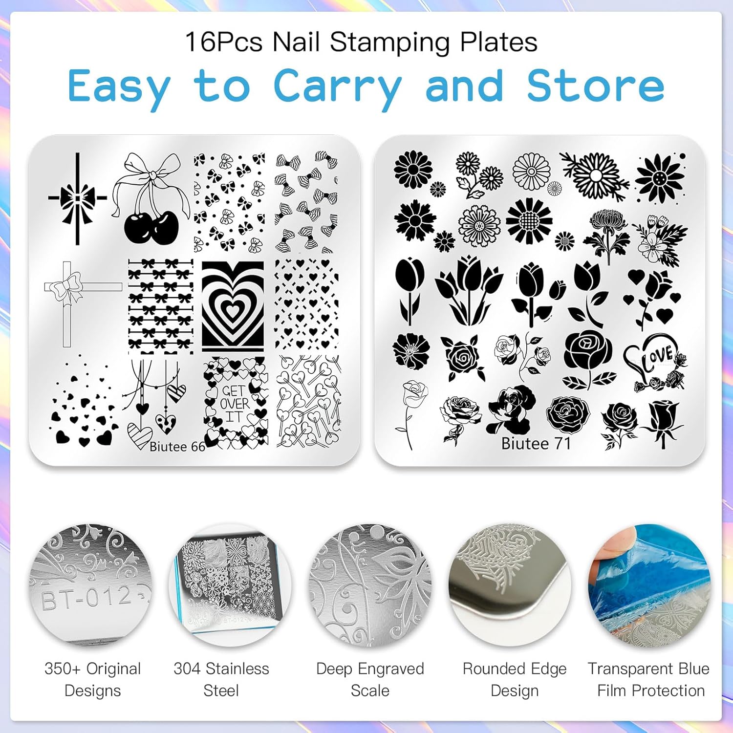 Biutee Nail Stamping Plate 20Pcs Nail Stamper Kit 16Pcs Nail Art Stamping Plates with Silicone Stamper, Scraper & Storage Bag, Stamp Plates Star Plaid Love Leaf Template Halloween Design Gift-BrightBean Baby